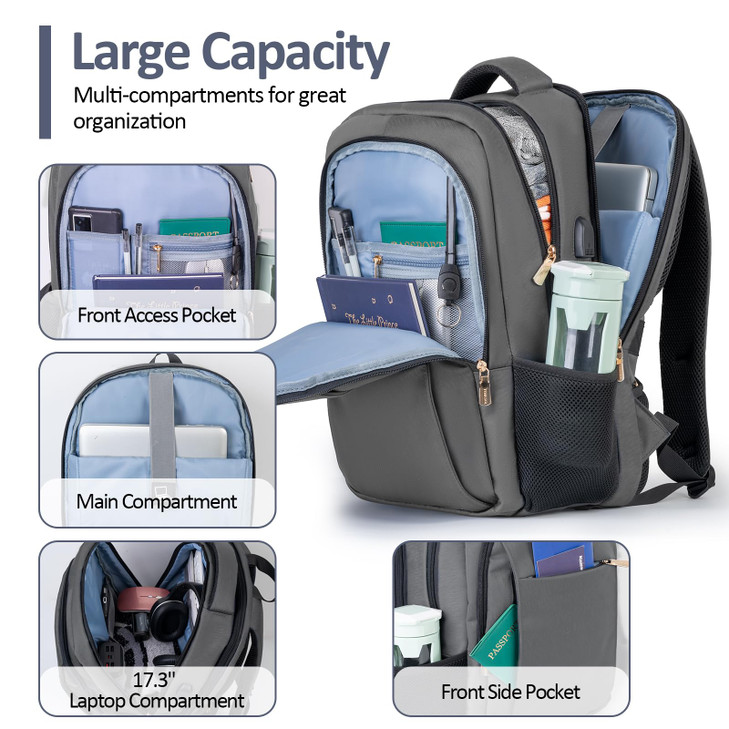 TEMASOL Travel Laptop Backpack 17 Inch Computer Backpack Anti Theft with USB Charging Port Water Resistant Weekender Bag