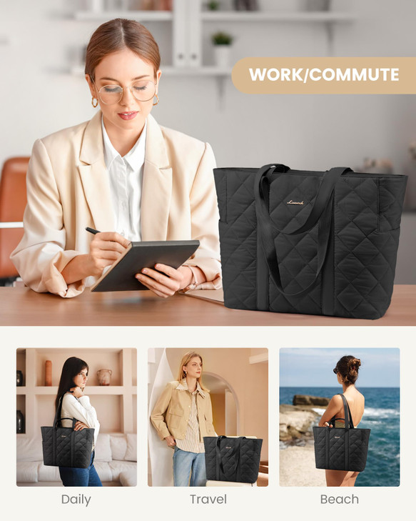 LOVEVOOK Laptop Tote Bag for WomenQuilted Puffer Laptop Bag Purse Computer Travel Work Tote Bags for Women with Zipper