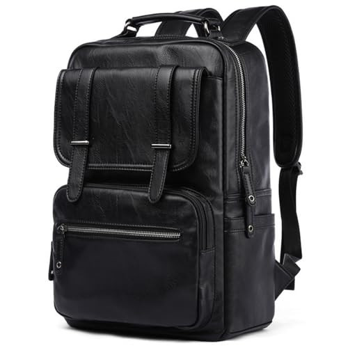 CHAO RAN Vintage Leather Laptop Backpack for Men Large Waterproof Travel Black Rucksack Work Knapsack Fit up to 16 inch