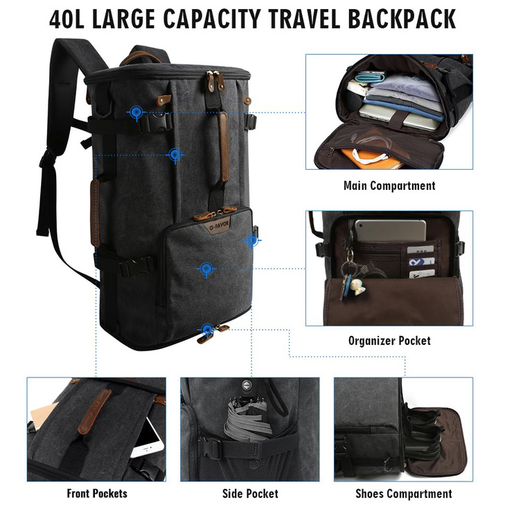 GFAVOR Canvas Travel Backpack for Men 40L Large Airline Approved Carry On Backpack Fits 173 Laptop Convertible to Should