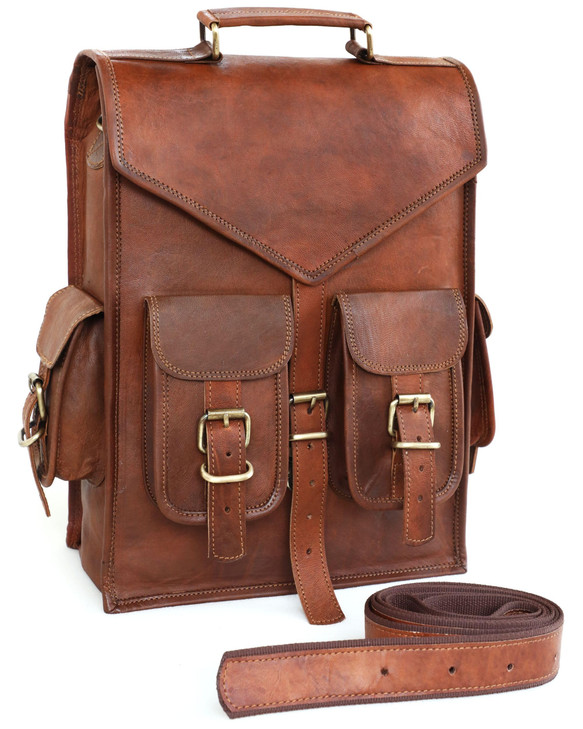 ANUENT Handmade Leather Satchel Backpack for Men Leather Messenger Convertible Dark Brown Laptop Bag Vintage Rucksack Id