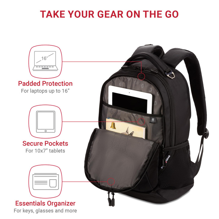 SwissGear 5505 Cecil 16 Laptop Backpack Black Daily Laptop Bag with Gear Attachment Options Multiple Organizer Pockets P