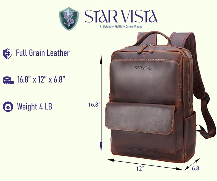 STAR VISTA Navona 156 Vintage Full Grain Leather Laptop Backpack for Men Women Multi Pockets Casual Outdoor Business Tra