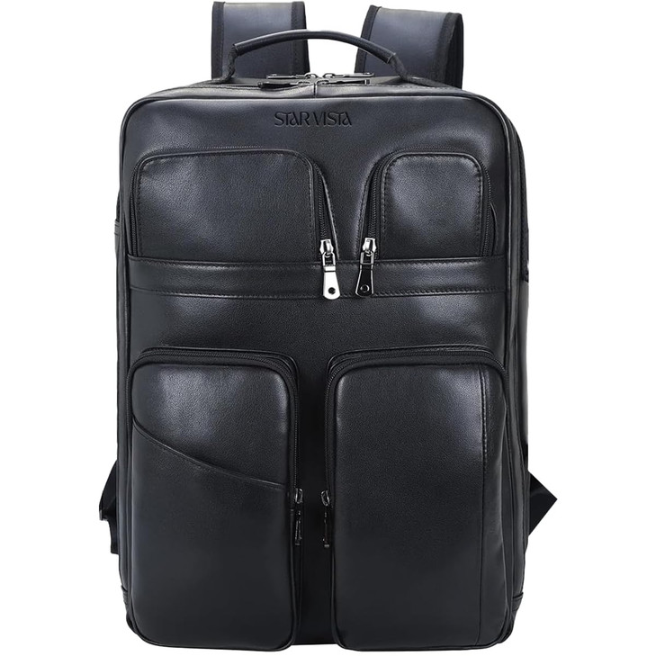 STAR VISTA Angelo 173 Premium Calfskin Leather Laptop Backpack for Men Multi Pockets Business Travel Bag Casual Outdoor