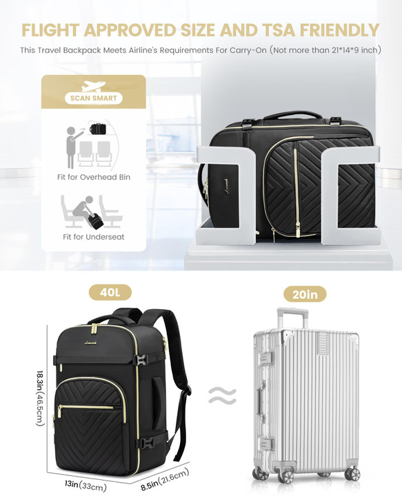 LOVEVOOK Large Travel Backpack for Women TSA Carry on Backpack for Airplanes 40L Personal Item Travel Bag fits 17 Laptop