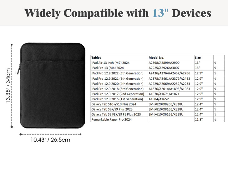 TiMOVO 13 Inch Tablet Sleeve for iPad Air 13 M3 2025 iPad Pro 13 iPad Pro 129 Galaxy Tab S9 PlusS10S10 PlusS9 FES9 FE Pl