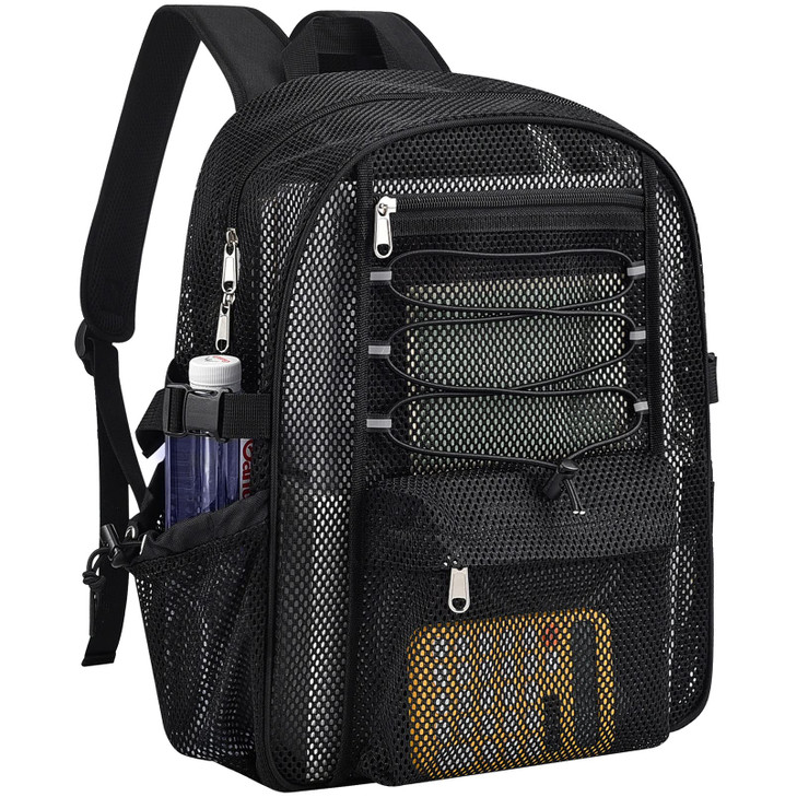 UEASE Mesh Backpack Heavy Duty for School 23L Mesh Bookbag for Adults See Through Black Mesh School Bag with Laptop Pock