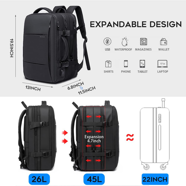 BANGE 45L Carry On Backpack Weekender Travel Backpacks 173 inch Laptop Back Pack Business Expandable Bag for Men and Wom