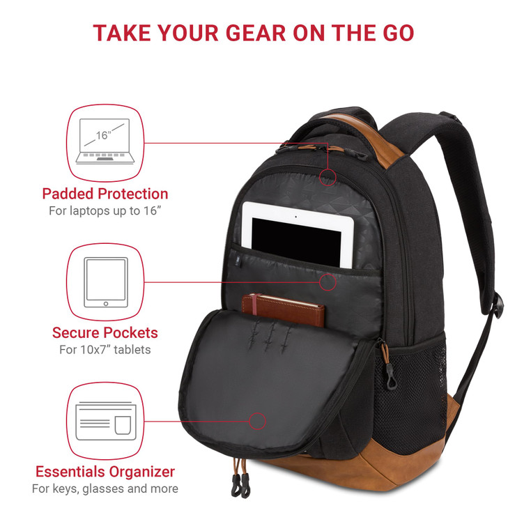 SwissGear 5505 Cecil 16 Laptop Backpack Black CanvasBrown Daily Laptop Bag with Gear Attachment Options Multiple Organiz