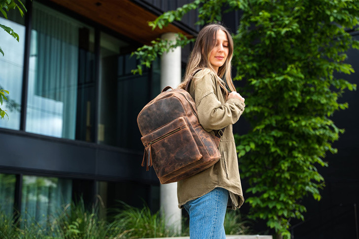 KomalC 17 inch Leather backpack rucksack laptop bag travel hiking travel shoulder camping bag for women men
