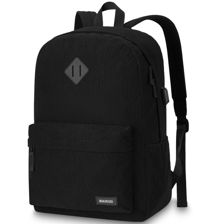 Black Backpack for School Teens Boys and Girls Lightweight Casual Soft Corduroy Back Pack for Men and Women Large Cute K