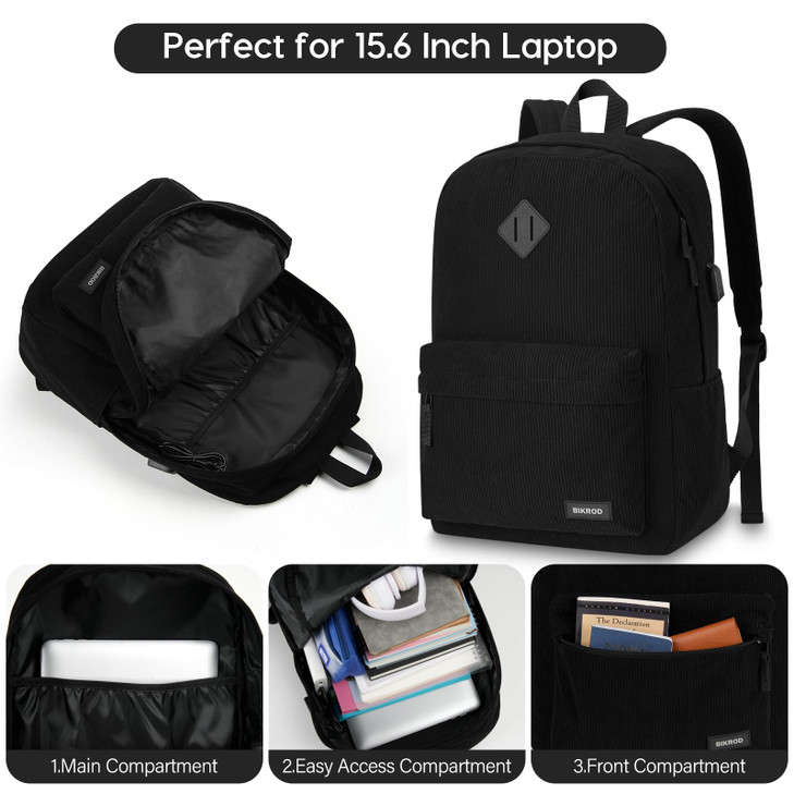 Black Backpack for School Teens Boys and Girls Lightweight Casual Soft Corduroy Back Pack for Men and Women Large Cute K