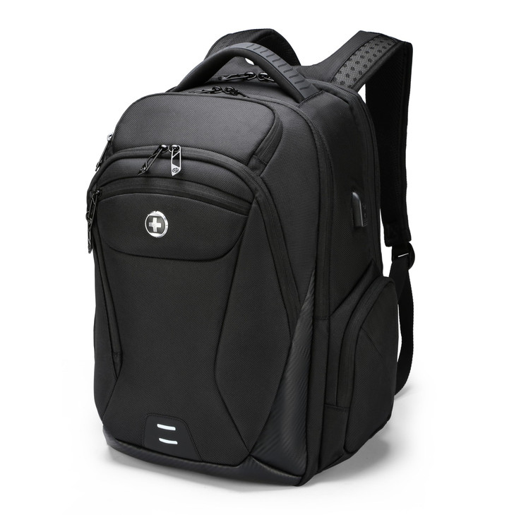 Swissdigital Design Mens Laptop Backpack for College and Business Travel with Integrated USB Charging Port and RFID Prot