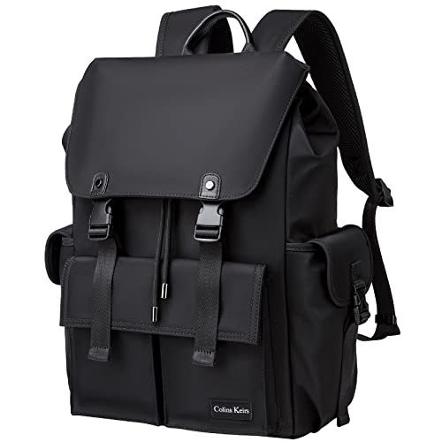 Colins Keirs Black Backpack for Men 16 Inch Laptop Backpack with Computer Compartment Drawstring Slim Waterproof Tech Ba