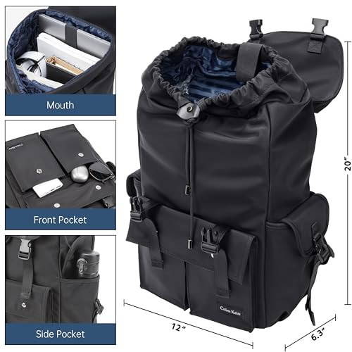 Colins Keirs Black Backpack for Men 16 Inch Laptop Backpack with Computer Compartment Drawstring Slim Waterproof Tech Ba
