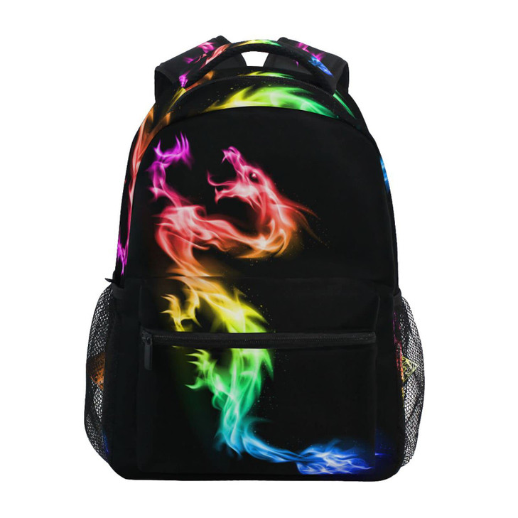 SUABO Fire Rainbow Dragon School Backpack Black Bookbag for Boys Girls Elementary School Casual Travel Bag Computer Lapt
