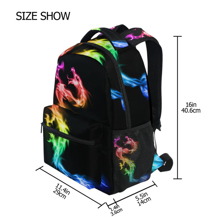 SUABO Fire Rainbow Dragon School Backpack Black Bookbag for Boys Girls Elementary School Casual Travel Bag Computer Lapt