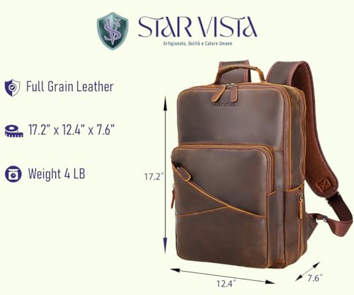 STAR VISTA 156 Trajan Premium Calfskin Leather Laptop Backpack for Men Multi Pockets Business Travel Bag Casual Outdoor