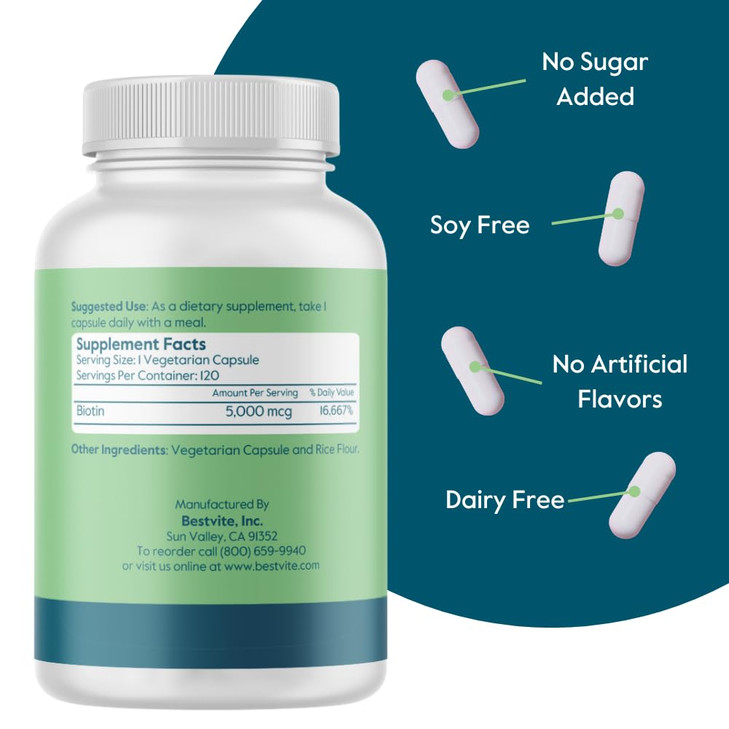BESTVITE Biotin 5000mcg (120 Vegetarian Capsules) - No Stearates - No Flow Agents - Vegan - Non GMO - Gluten Free - Hair, Skin, Nails online at globaldelivered