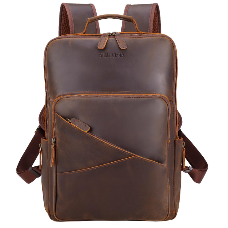 STAR VISTA 156 Trajan Vintage Full Grain Leather Laptop Backpack for Men Multi Pockets Casual Outdoor Business Travel Ru
