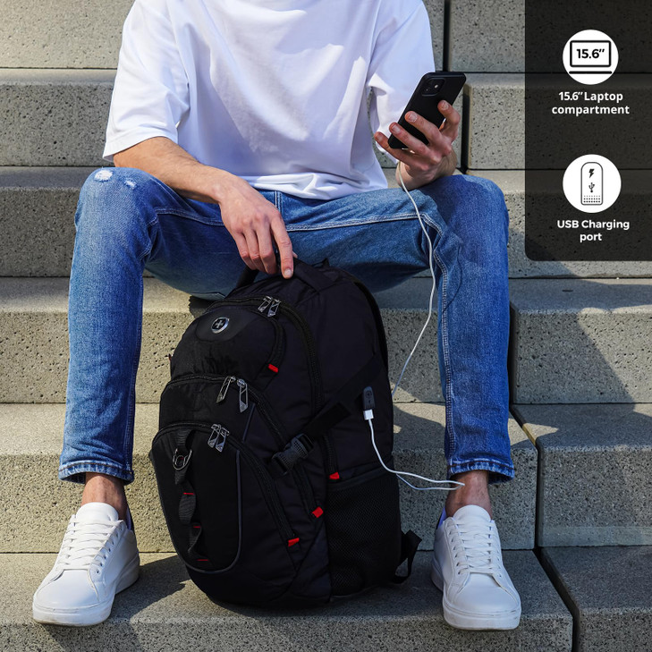 Swissdigital Design Laptop Backpack with USB Charging Port Travel Backpack Fits 156 inches Computer 31L College School B