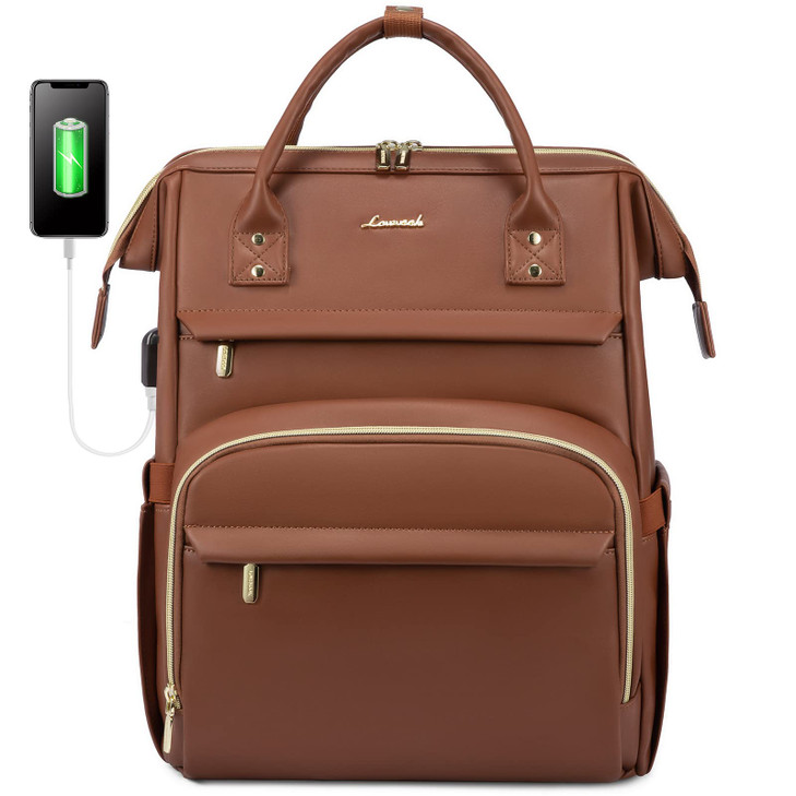 Leather Laptop Backpack for Women with USB Port 17in Travel Purse for Nurse Teacher College Business Carry On Backpack b