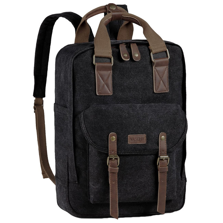 VASCHY Backpack for Men Women Vintage Canvas Leather 156in Laptop Backpack Adult Rucksack for Work Travel Gray