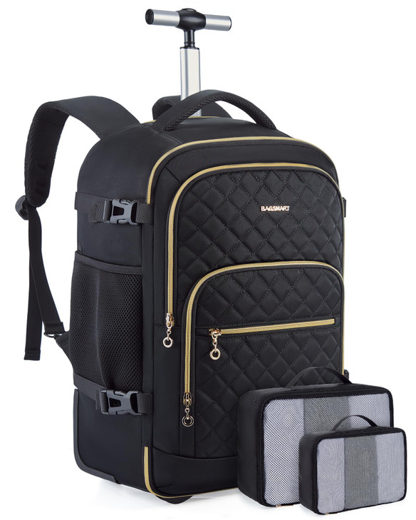 BAGSMART Rolling Backpack for Women Travel CarryOn Backpack with Wheels 17 Inch Large Roller Wheeled Daypack with Two Pa