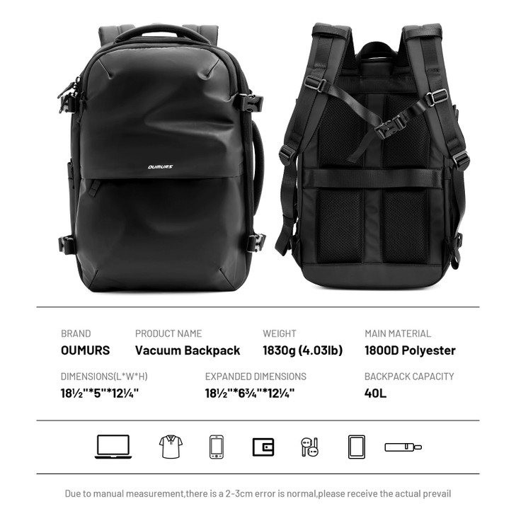 Oumurs Laptop Backpack for Long Travel with 3040L Expandable Large Capacity Waterresistant Black 1800D Oxford Fabric Lam