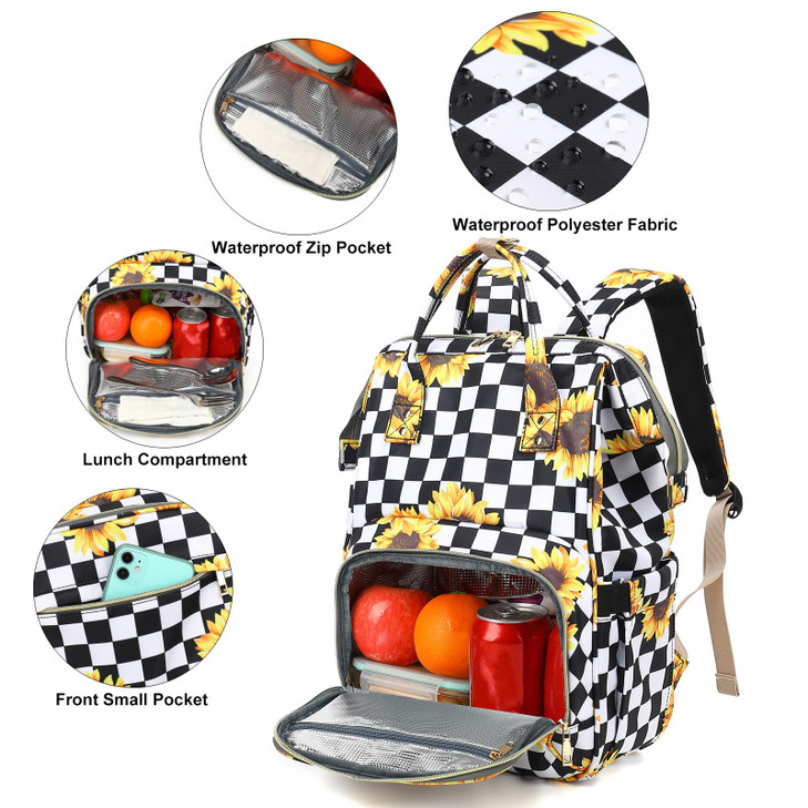 Yusudan Checkered Sunflower Lunch Backpack for Women Insulated Cooler Work Business Laptop Backpacks Girls School Backpa