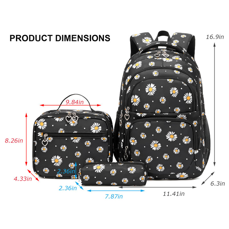 goldwheat Daisy Printed Backpacks With Lunch Pack Pencil Case 3pcs Lightweight Water Resistant Bookbag For Middle School
