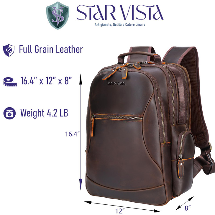 STAR VISTA Nettuno156 Vintage Full Grain Leather Laptop Backpack for Men Multi Pockets Casual Outdoor Business Travel Ru