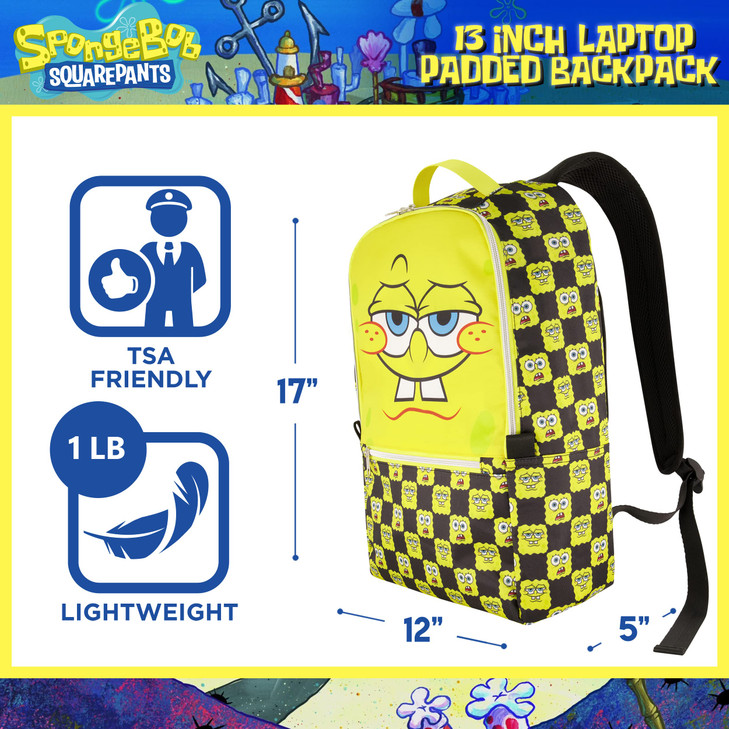 Concept One SpongeBob SquarePants 13 Inch Sleeve Laptop Backpack Checkered Padded Computer Bag for Commute or Travel Mul