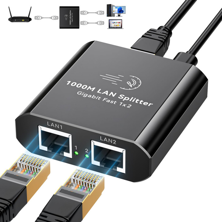 AILVLVNG Ethernet Splitter 1 to 2 1000Mbps Internet Cable Splitter 1 in 2 Out High Speed Either Network Splitter Gigabit