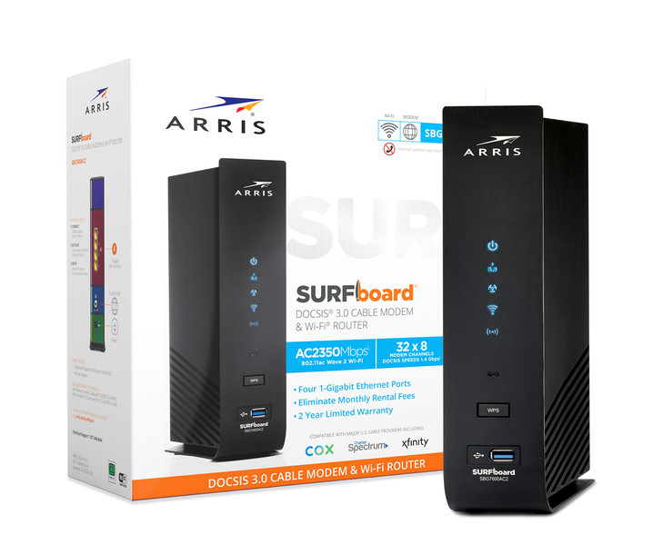 ARRIS SBG7600AC2 Cable Modem Router Combo DOCSIS 30 AC2350 WiFi Check with your provider for compatibilityFour 1 Gbps Po