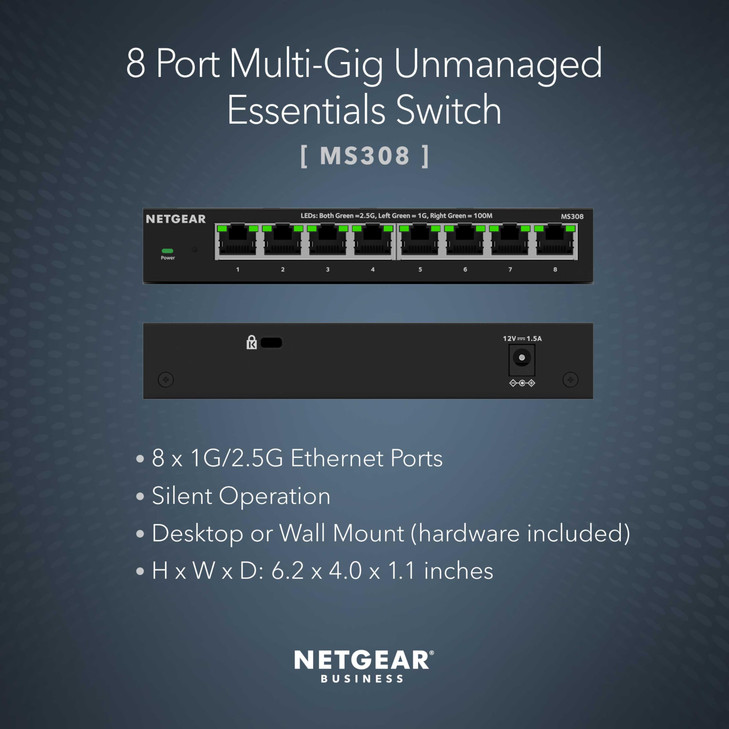 NETGEAR 8Port 25GB Switch MultiGigabit Ethernet Unmanaged Essentials Network Switch MS308 8 x 1G25G Desktop or Wall Moun