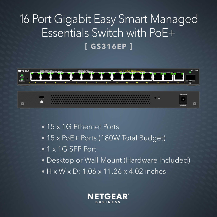 NETGEAR 16Port PoE Gigabit Ethernet Easy Smart Managed Essentials Switch GS316EP Managed with 15 x PoE 180W 1 x 1G SFP P