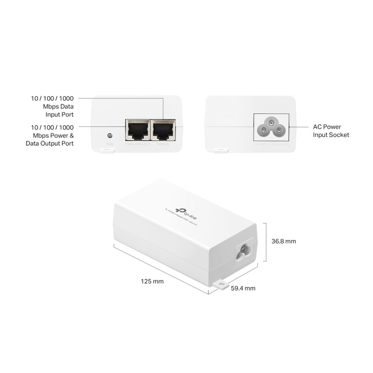 TPLink TLPI30G IEEE 8023ataf Gigabit PoE Injector NonPoE to PoE Adapter Supplies up to 30W Plug Play DesktopWallMount Po