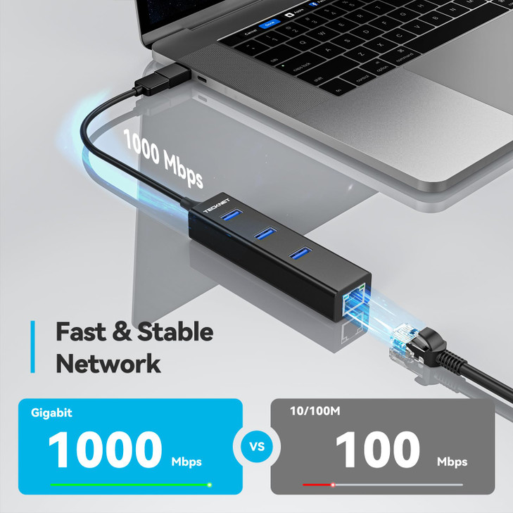 TECKNET USB C to Ethernet Aluminum 3 Port USB 30 Hub with RJ45 101001000 Gigabit Ethernet Adapter Converter LAN Wired Ne