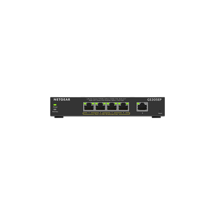 NETGEAR 5 Port PoE Gigabit Ethernet Easy Smart Managed Essentials Switch GS305EP with 4 x PoE 63W Desktop or Wall Mount