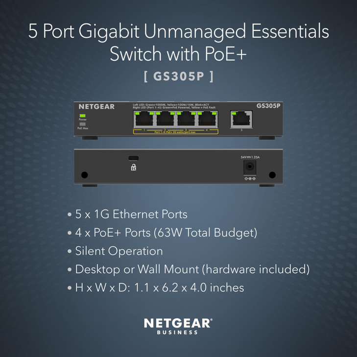 NETGEAR 5Port PoE Gigabit Ethernet Unmanaged Essentials Switch GS305P with 4 x PoE 63W Desktop or Wall Mount
