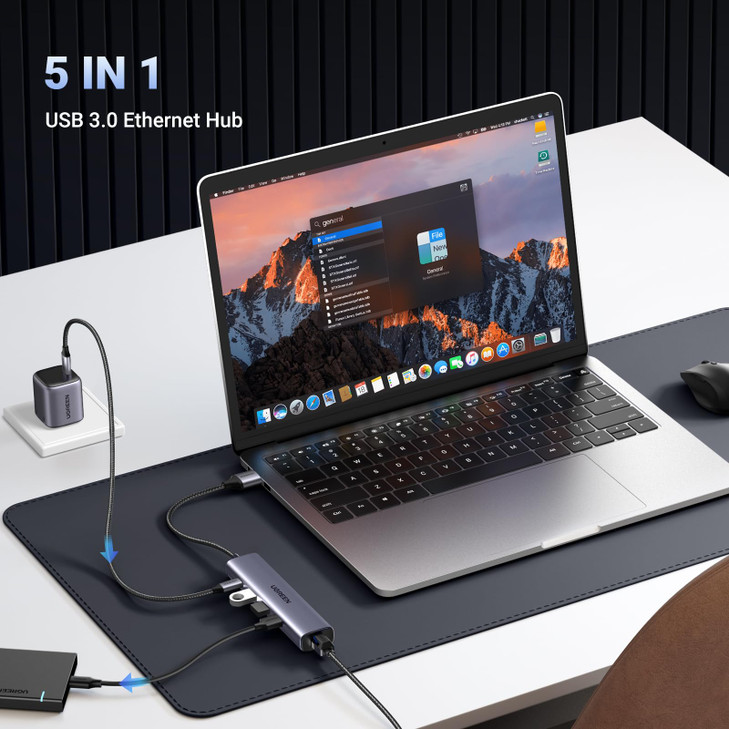 UGREEN USB to Ethernet Adapter 5 in 1 USB Hub with Ethernet Plug and Play Multiport Network Adapter with 3 USB 30 Port G
