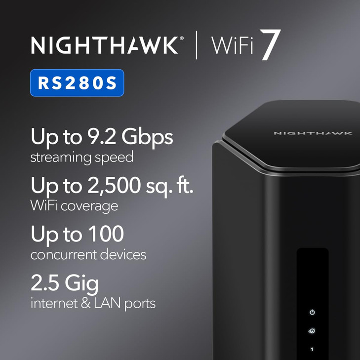 NETGEAR Nighthawk TriBand WiFi 7 Router RS280S Router Only BE9200 Wireless Speed up to 92 Gbps Covers up to 2500 sq ft 2
