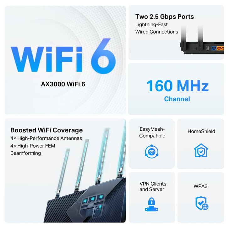 TPLink AX3000 WiFi 6 Router Archer AX55 Pro Multi Gigabit Wireless Internet 2 x 25 Gbps Ports Dual Band VPN Router OFDMA
