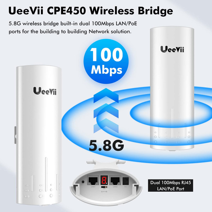 Wireless Bridge Point to Point Outdoor UeeVii CPE450 58G 3Km Long Range WiFi Bridge for Extend Network to Barn and Surve