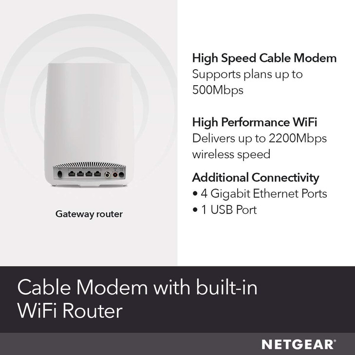 NETGEAR Orbi AllinOne Cable Modem MeshReady WiFi Router CBR40 AC2200 Speeds Up to 22 Gbps 2000 sq ft Coverage