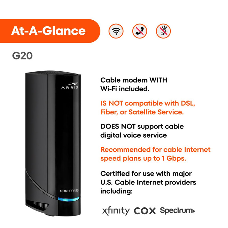 Arris G20 Cable Modem Router Combo Fast DOCSIS 31 MultiGigabit WiFi 6 AX3000 Approved for Comcast Xfinity Cox Spectrum M