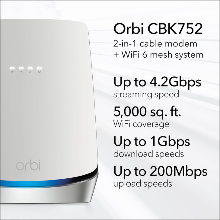 NETGEAR Orbi Cable Modem Router Combo Mesh System CBK752 DOCSIS 31 AX4200 WiFi 6 42 Gbps Certified with Xfinity up to 90