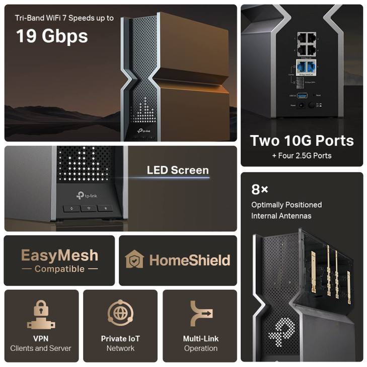 TPLink TriBand BE19000 WiFi 7 Router Archer BE800 12Stream 19 Gbps 210G 425G Ports LED Screen 8 HighPerformance Antennas