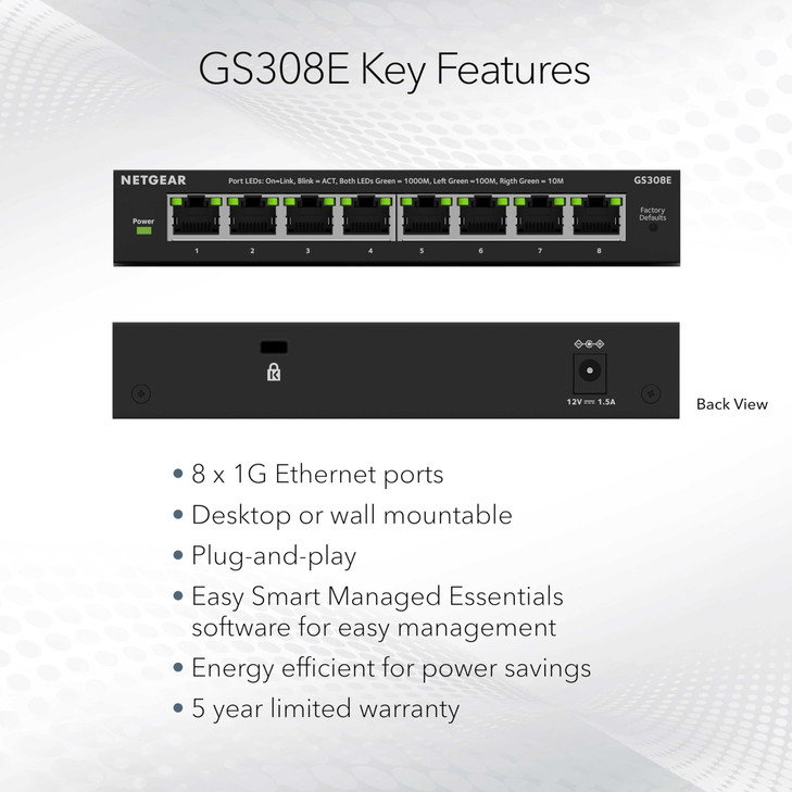 NETGEAR 8Port Gigabit Ethernet Easy Smart Managed Essentials Switch GS308E Desktop or Wall Mount Home Network Hub Office
